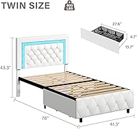 Vista 2 de BarnFurin Marcos de Cama Individual con Cajones de Almacenamiento y Luces LED, Cama Tapizada con Cabecera Capitonada con Cristales, Cama