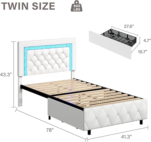 Miniatura 2 de BarnFurin Marcos de Cama Individual con Cajones de Almacenamiento y Luces LED, Cama Tapizada con Cabecera Capitonada con Cristales, Cama de