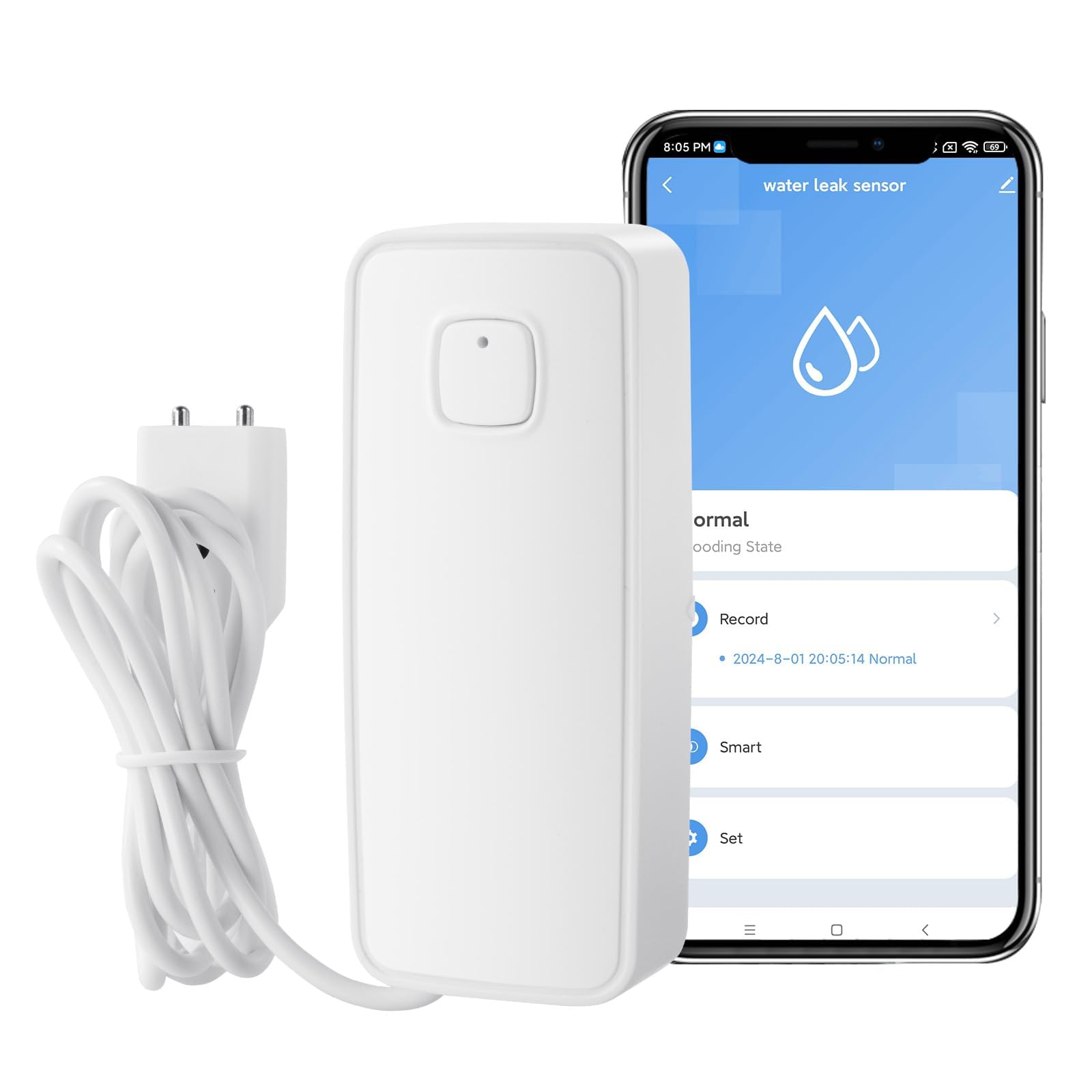 Flintronic Detektor wycieku wody Wi-Fi, inteligentny czujnik wycieku wody, alarm wody 80 dB z kablem wykrywającym 1 m, zdalne monitorowanie aplikacji, zasilanie baterią AAA, do kuchni, piwnicy,