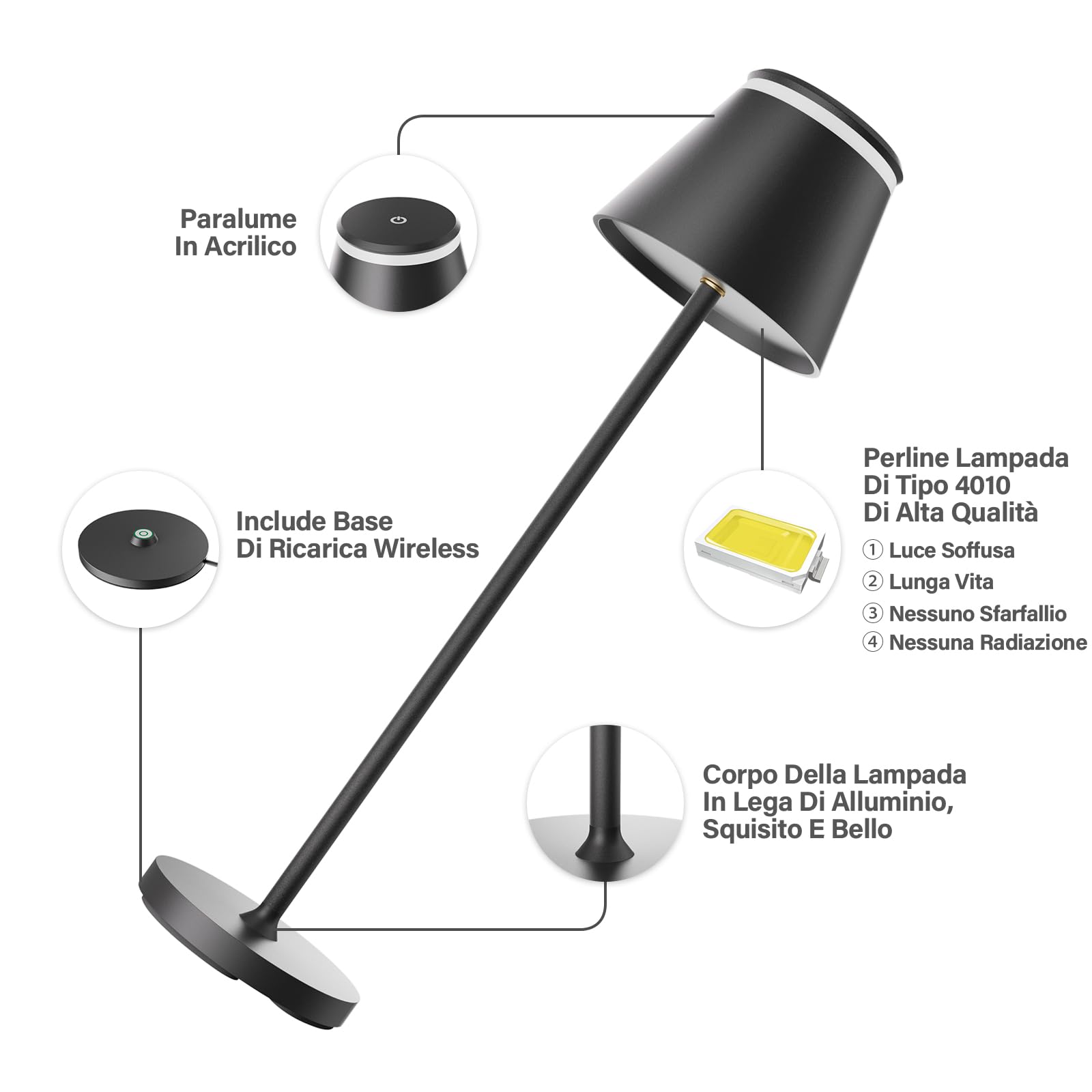 Neoglint Lampada da Tavolo LED Senza Fili Ricaricabile, Lampade da Esterno con Base di Ricarica Wireless e Telecomando, Luci da Tavolo dal Design Moderno con 3 Timer di Temperatura Colore