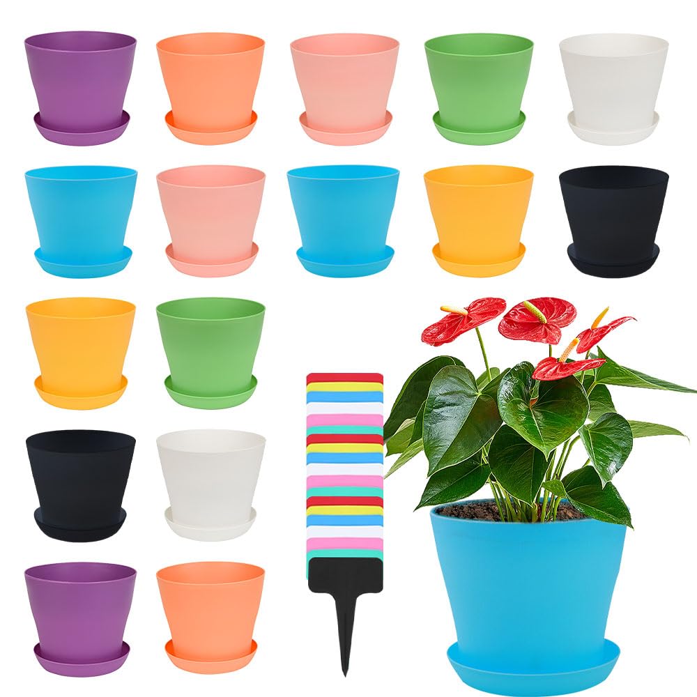 Vmxlso 16 Stück Plastikpflanzentöpfe, 10 cm kleine Pflanzentopf, Plastiktöpfe für Pflanzen mit Tablett, Innen- und Außen Pflanzentopf, Plastiktopf für Haus und Büro, bunt Garten