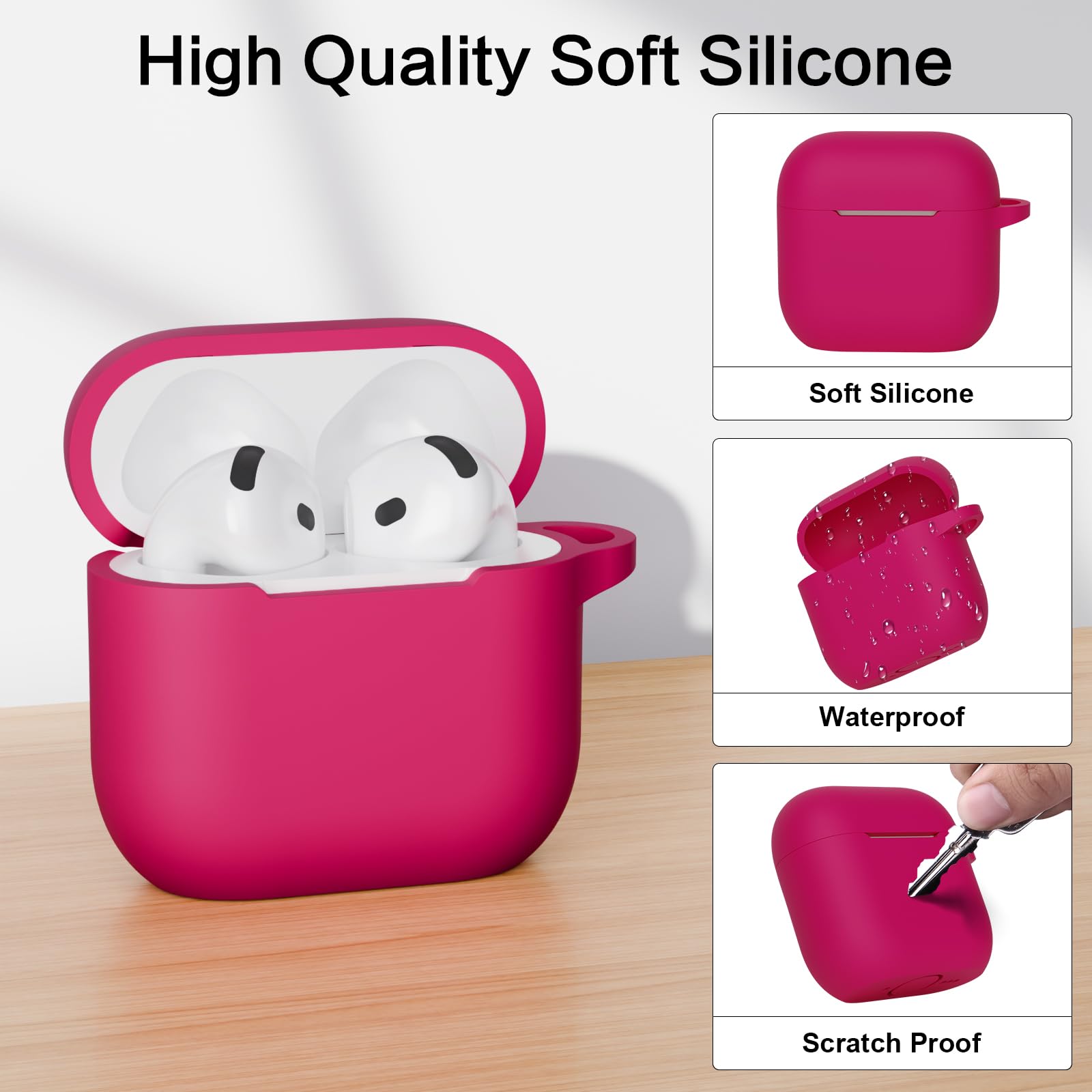 Compatibile con AirPods 4 Custodia Case Cover, Case Protettiva Antiurto Antiscivolo in Silicone per AirPods 4a Generazione (2024) (USB-C) Custodia con Moschettone, Rose Pink