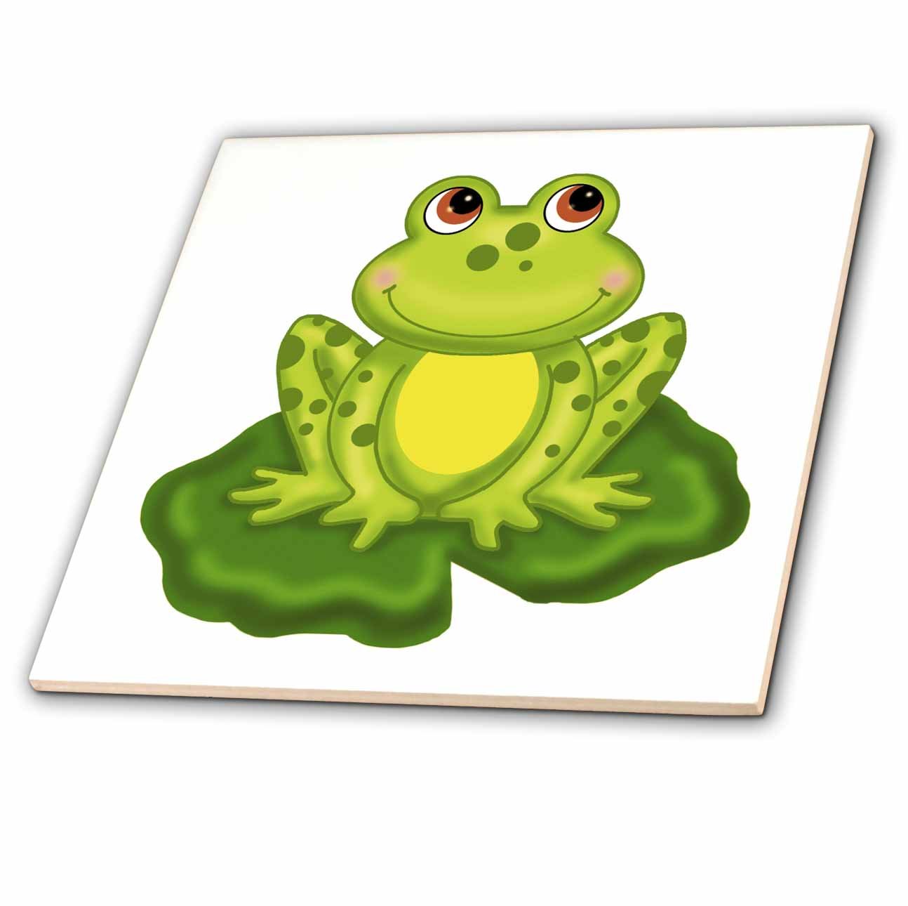 3D Rose Cute Green Frog Sitting on Lily Pad Ceramic Tile, Multicolor