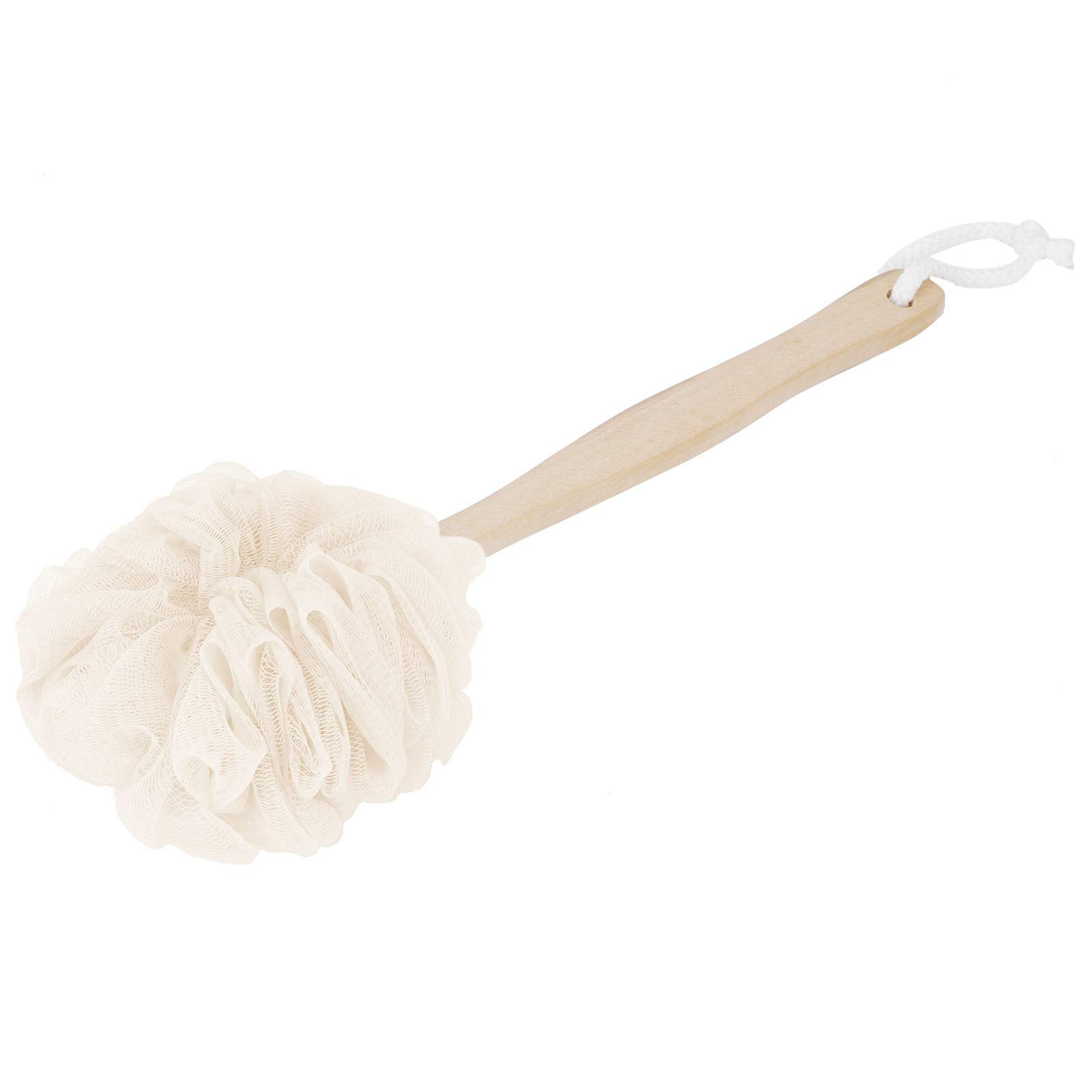 Bath Brush, Safe Long Handle Bath Ball, Lanyard Design Safe Skin Friendly Easy To Foam for The Elderly Women Men(Wooden handle-white)