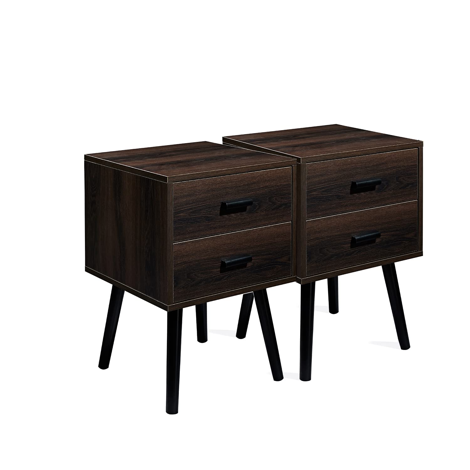 TianlangNightstand with 2 Storage Drawer, Set of 2 Industrial Bedside Table, Accent Night Side Table, End Table for Bedroom Living Room Wooden Legs Easy Assemble, Dark Brown LJET004A2