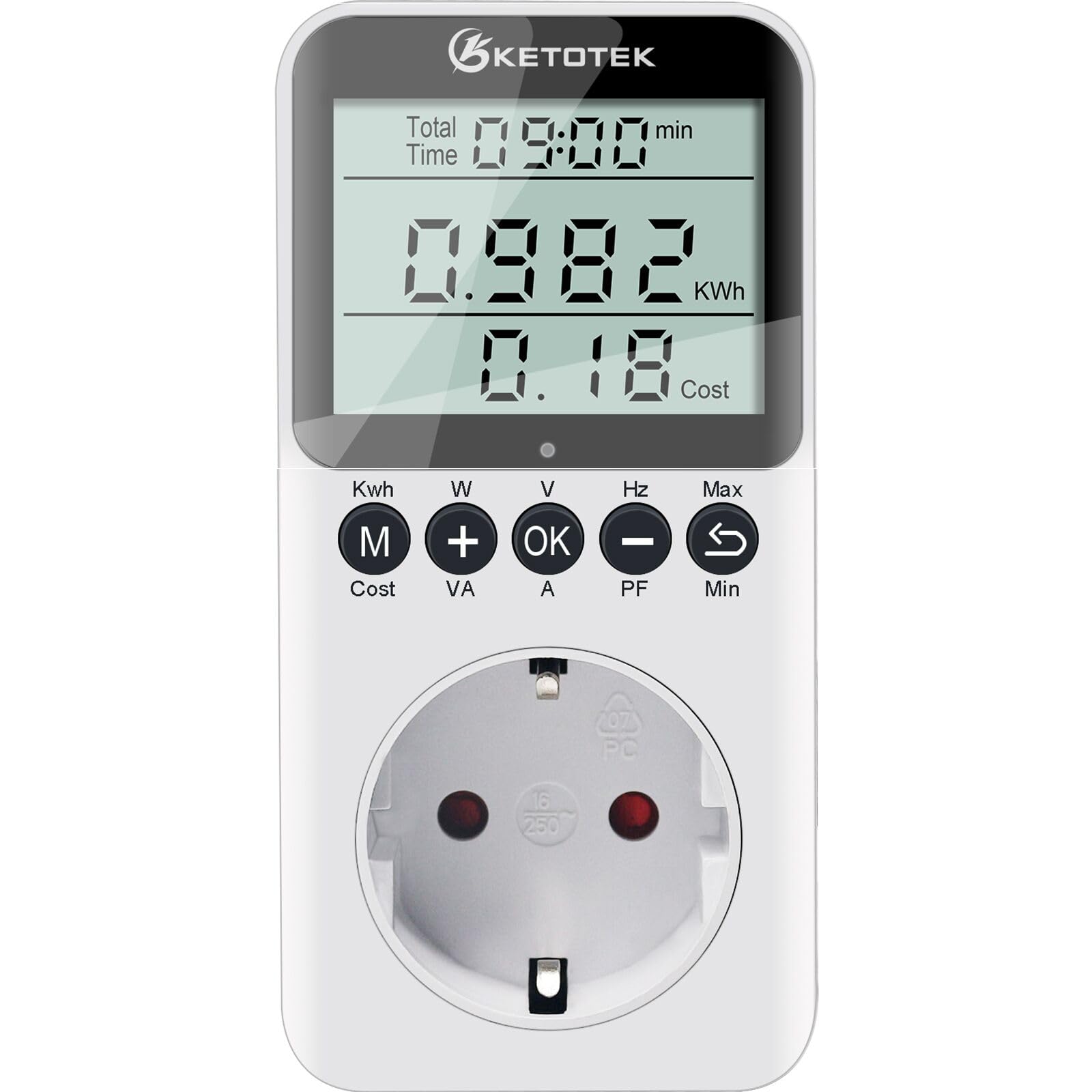 KETOTEK Stromzähler für Steckdose, Energiekostenmessgerät Strommessgerät mit LCD Bildschirm, Stromverbrauchsmesser, Stromzähler für Zuhause, Überlastsicherung 3680W