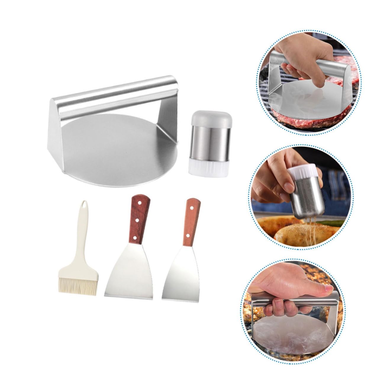 ABOOFAN Set 5 Pezzi Accessori per Barbecue Outdoor Pressa per Carne, Spatola e Pennello in Metallo Inossidabile