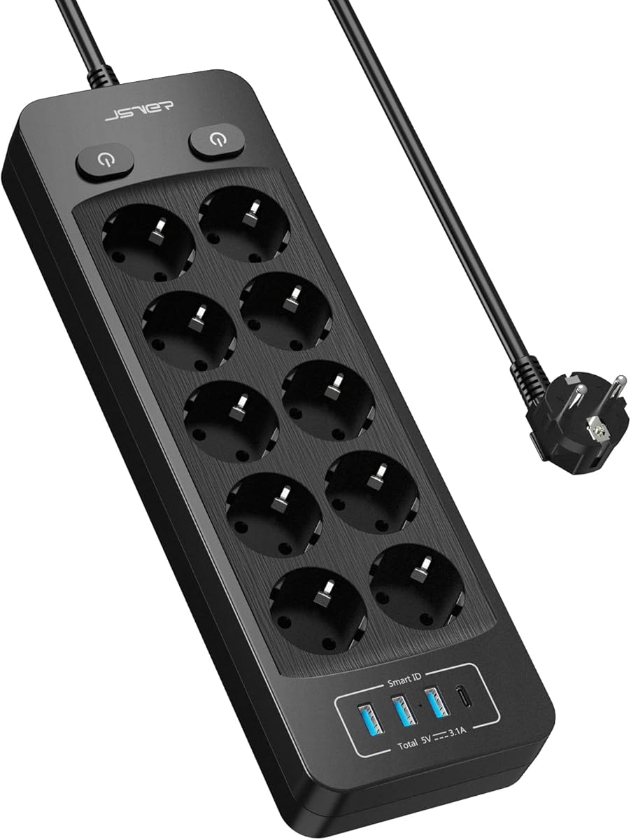 JSVER Stekkerdoos, 10-voudig met 4 USB-oplaadaansluitingen, meervoudige stekkerdoos voor wandmontage (4000 W), stekkerdoos met USB (5 V 3,1 A 15,5 W), 2 m kabel voor smartphones, laptop, iPAD, zwart