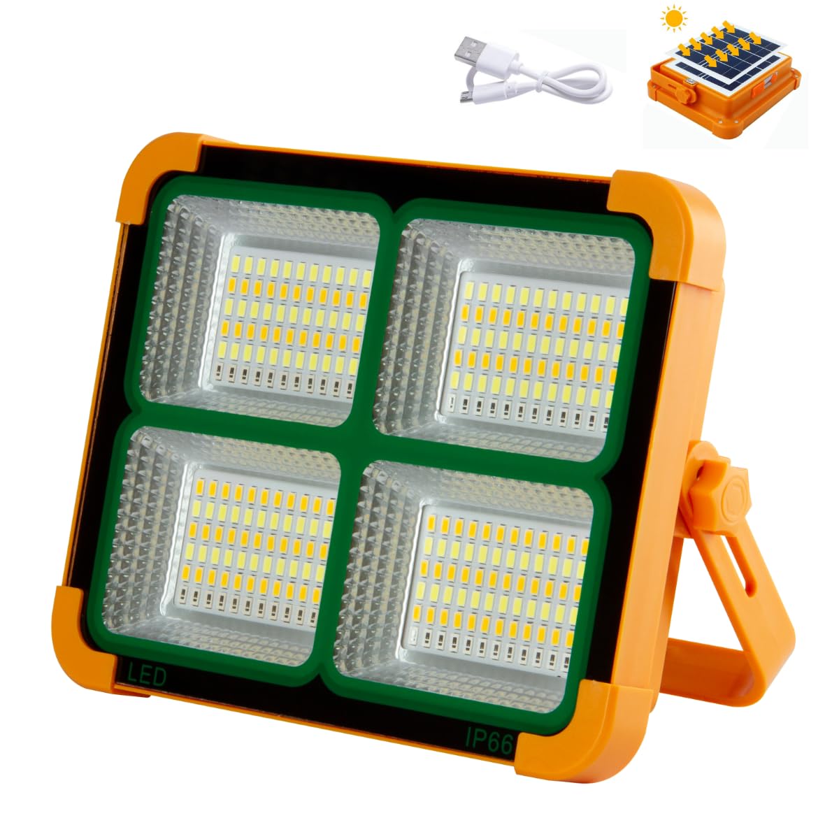 Jandei - Foco LED Recargable 100W, Portátil. 5 modos de Luz/336 LEDs. Con Imán y Soporte. Recargable USB/Solar, Power Bank para móviles. Perfecto para Caravanas, Pesca, Construcción, Camping, Obra