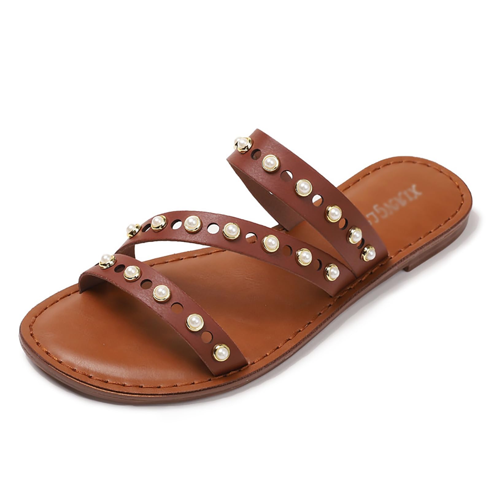 ZUYIYIA Women's Pearl Open Toe Flat Sandals,Summer Fashion Square Toe Slip On Slippers Comfortable Soft Leather Casual Outdoor Beach Slide Shoes