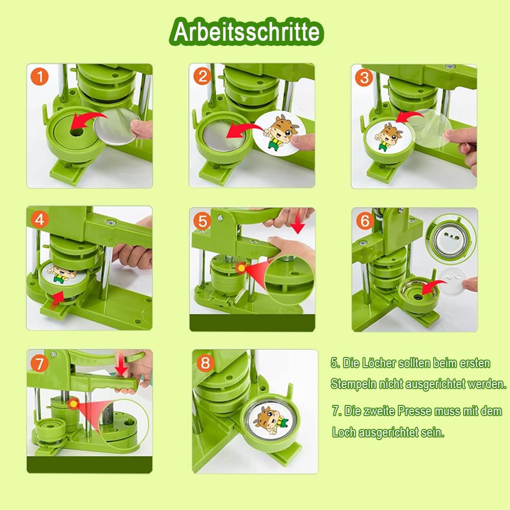Buttonmaker Knopfmachermaschine, 58 mm Pinmaker,100-teilige Buttonteile, Pin Button Maschine, Stanzset mit Bogengriff, für DIY-Geschenke für Kinder (Grün)