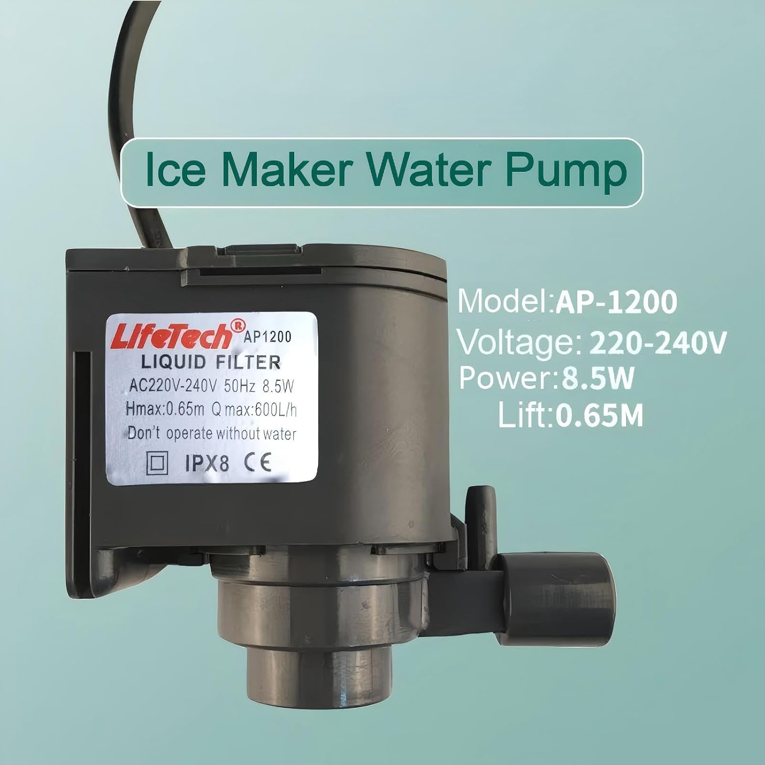 Submersible Water Pump for Commercial Ice Makers, 8.5W, 220-240V, 600L/H Flow Rate, 0.65m Lift, Replacement Pump Compatible with HZB-50 HZB-60 HZB-80 Ice Machines