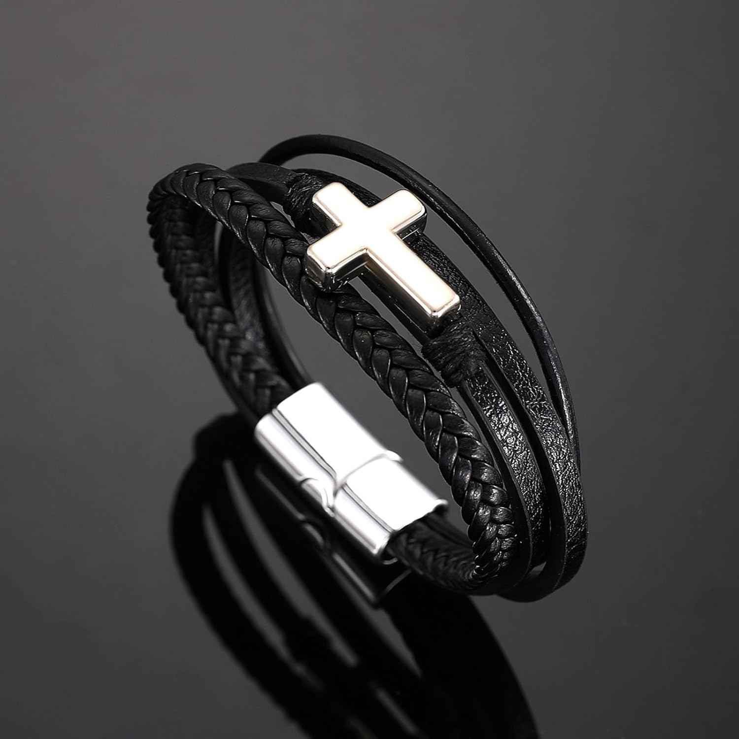 Grandson Bracelet from Grandma Leather Cross Stainless Steel Christian Braided Bracelet Inspirational Birthday Gifts for Grandson - Image 3