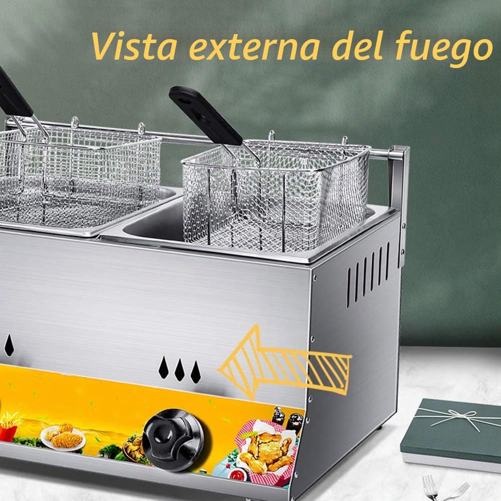 Freidora de gas de mesa de acero inoxidable, doble tanque de capacidad de 12 litros, con 2 canastas y aderezos, cocina industrial comercial o uso doméstico