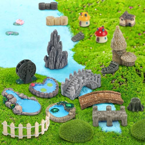QUOZUO 21 Pcs Fairy Garden Miniatures Accessories Bridge House Landscape Water Well Fence Figurines Pond Mushroom Lawn Garden Ornament for DIY Craft Garden Succulent Decor - Image 3