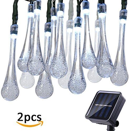 Icicle Solar String Lights Outdoor,19.2 Ft 8 Modes 30 Water Drop LED, Christmas Lights for Garden Decorations, Fence, Patio, Xmas, Wedding, Party and Holiday (2 Pack, Cool White)