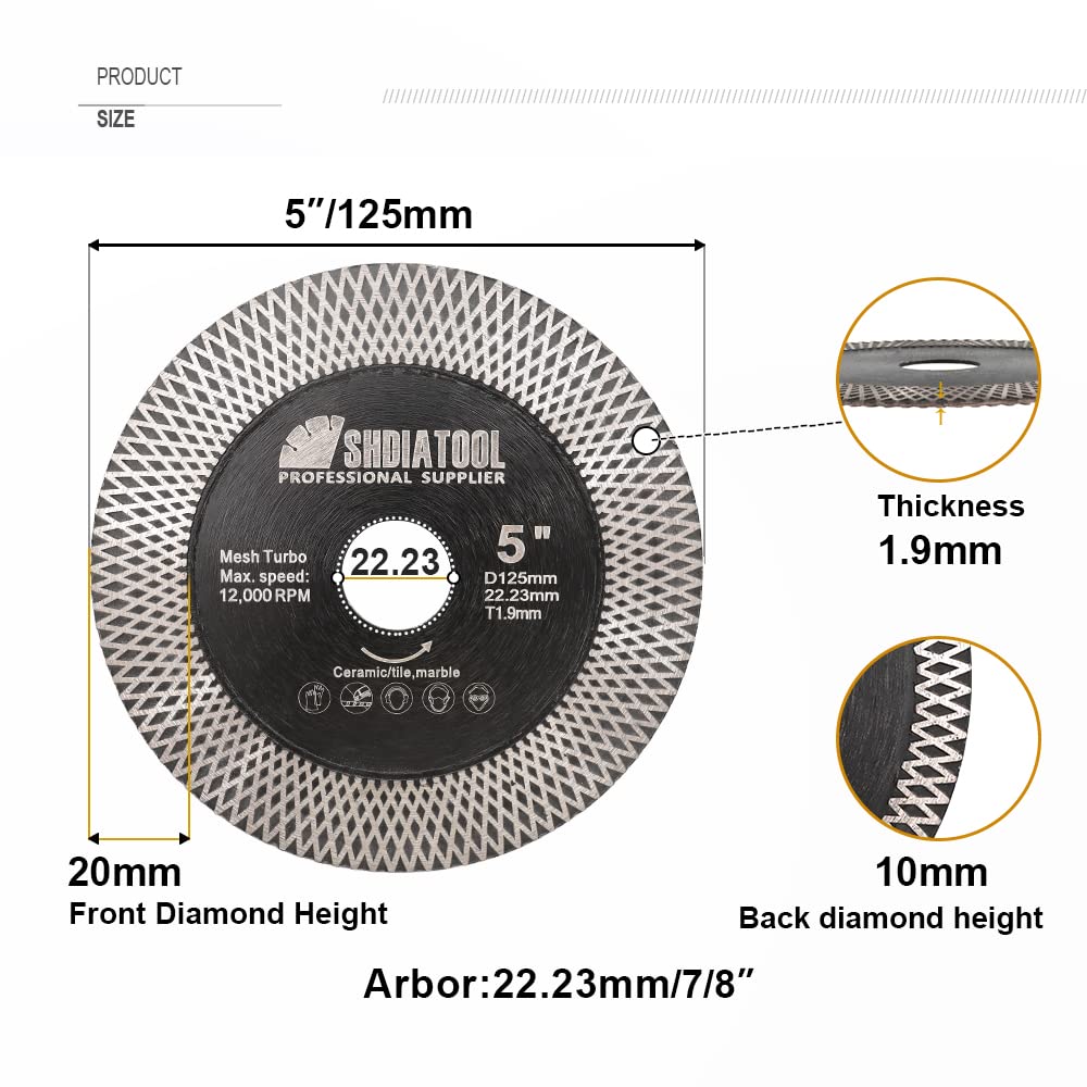SHDIATOOL Piła diamentowa do płytek, tarcza szlifierska 125 mm/5 cali do cięcia na sucho i na mokro porcelanowa płytka ceramiczna granit marmur sztuczny kamień, 5 szt