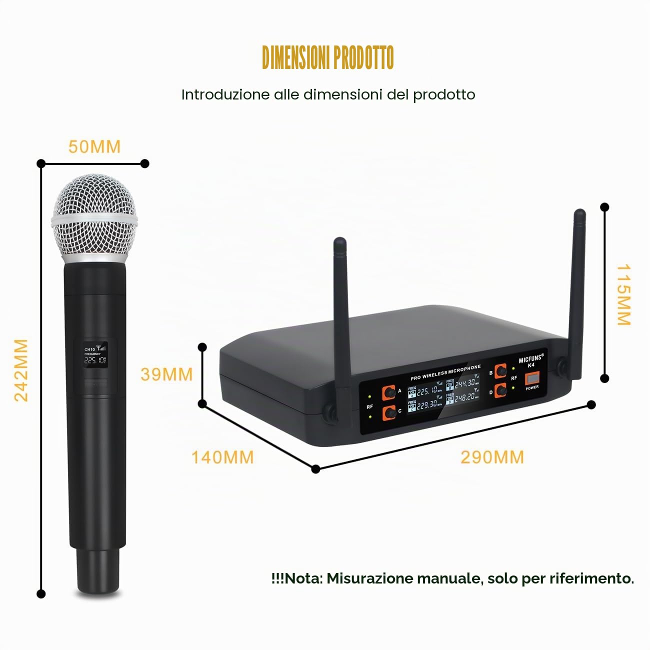 K4 4 Microfono Senza Fili Portatile per Canzoni KTV sul Palco (Nero)