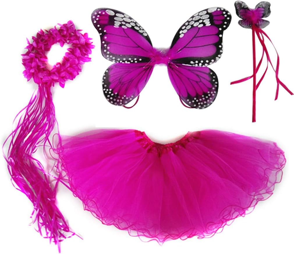 4 PC Girls Fairy Wings Butterfly Costume Set with Wings, Tutu, Wand & Halo