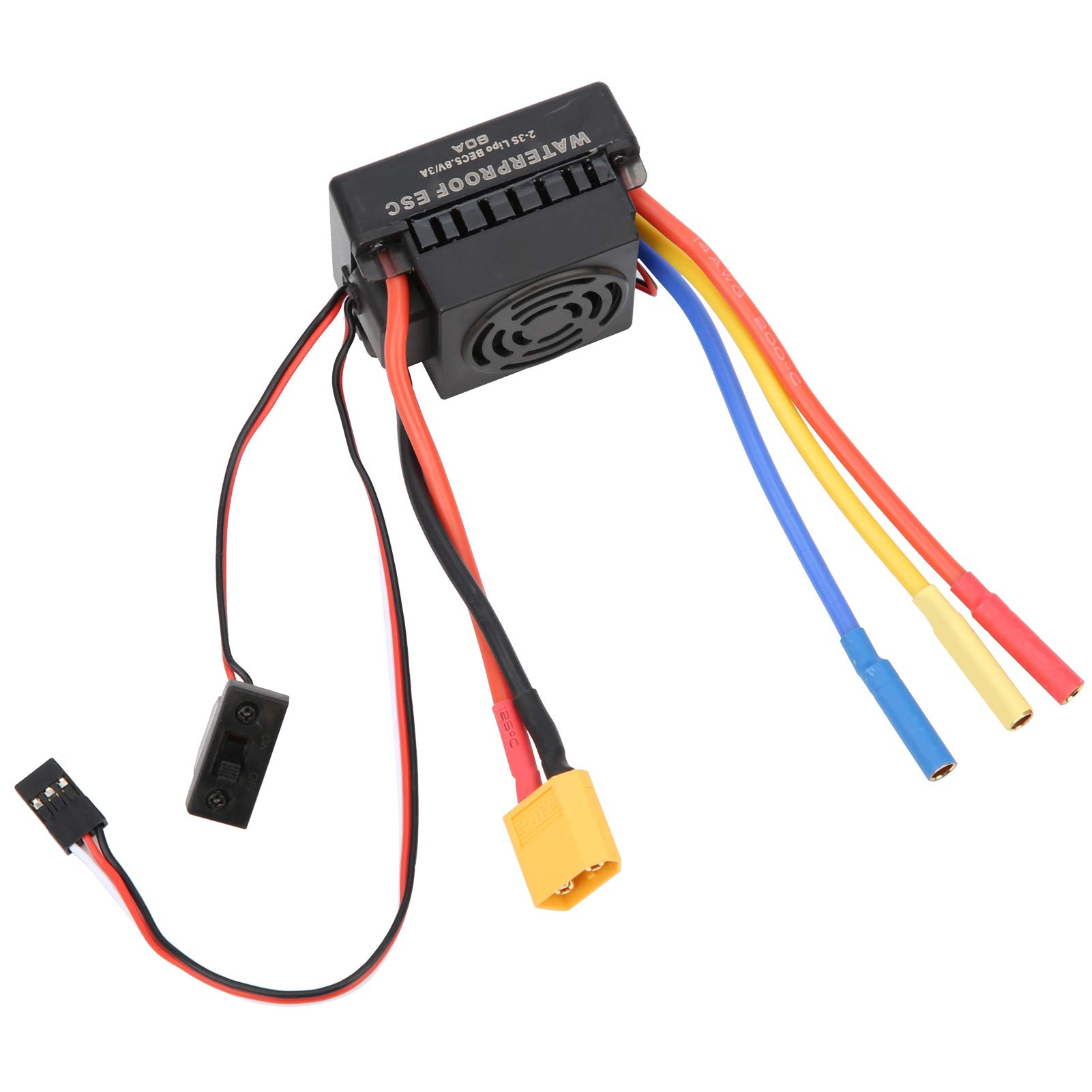 60A Waterproof Brushless ESC Electric Speed Controller, High Performance Programmable RC Car Motor Controller, Black Plastic ESC for 1/10 Scale SCX10, 50x35x32mm (XT60)