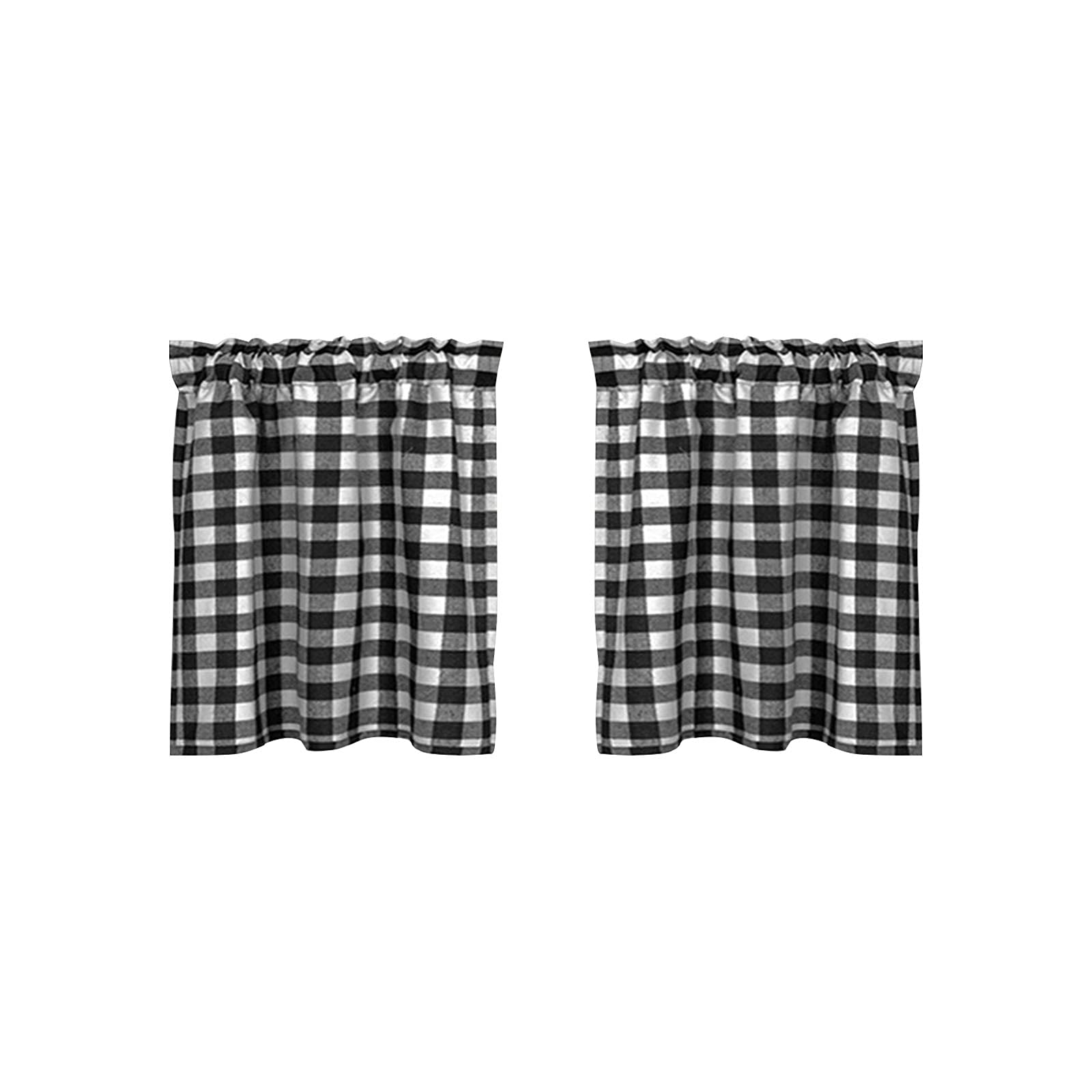 Pcscevcr 2Pcs Kitchen Window Curtains, Classic Plaid Short Window Drape, Buffalo Check Tier Curtains for Kitchen Cafe Bathroom Decor, 29x24inch (Black white)
