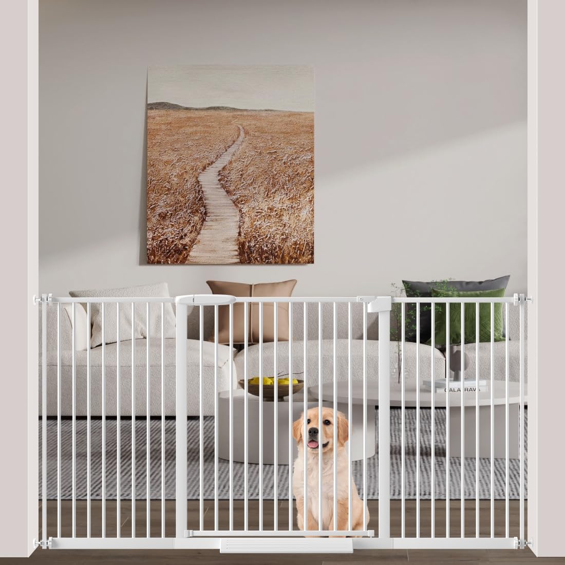 WAOWAO 1.37" Ultra Narrow Spacing Extra Wide Baby Gate 61.61-65.55" Pressure Mounted Walk Through Double Lock Swing Auto Close Safety White Metal Toddler Child Dog Pet for Indoor,Doorway,Kitchen