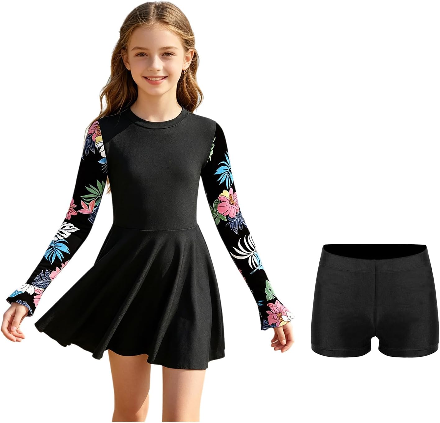 Freebily Kids Girls Long Sleeve Swimsuit Printed Rash Guard Sets Beach Shorts Summer Bathing Suits