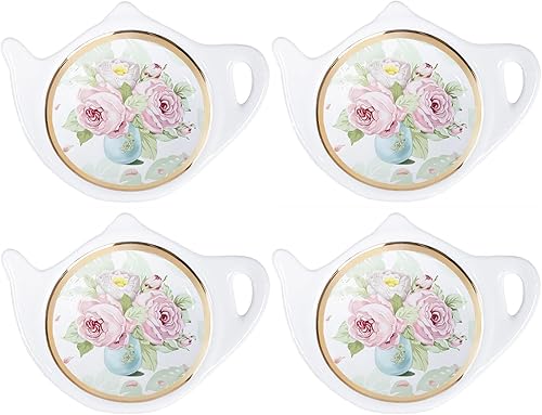 Sizikato 4 piezas de porcelana para bolsitas de té, posavasos con forma de tetera, platillo en forma de tetera, reposa cuchara, plato de condimento