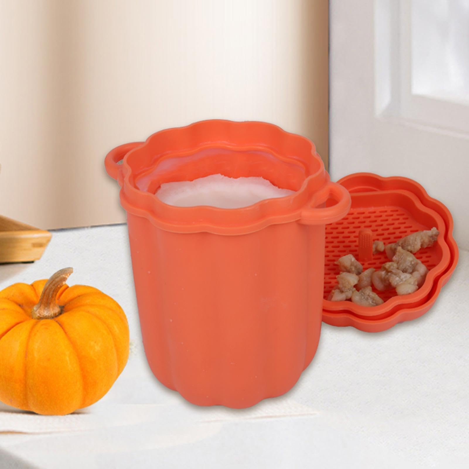 Colador de aceite, separador de grasa de silicona de 460 ml, recipiente de aceite con forma de calabaza de gran capacidad, recipiente de aceite de tocino de silicona antiadherente con colador, | Separador de grasa de de cocina de mayor capacidad con forma