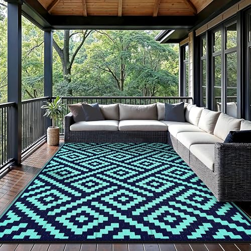 Image of GENIMO Outdoor Rug, Waterproof Plastic Rugs for Patio, 6'x9' Blue Green | Outside Larger Modern Carpet Mat for Porch Decor, Deck, Balcony, Camping, RV, Backyard, Picnic, Beach, Reversible, Foldable