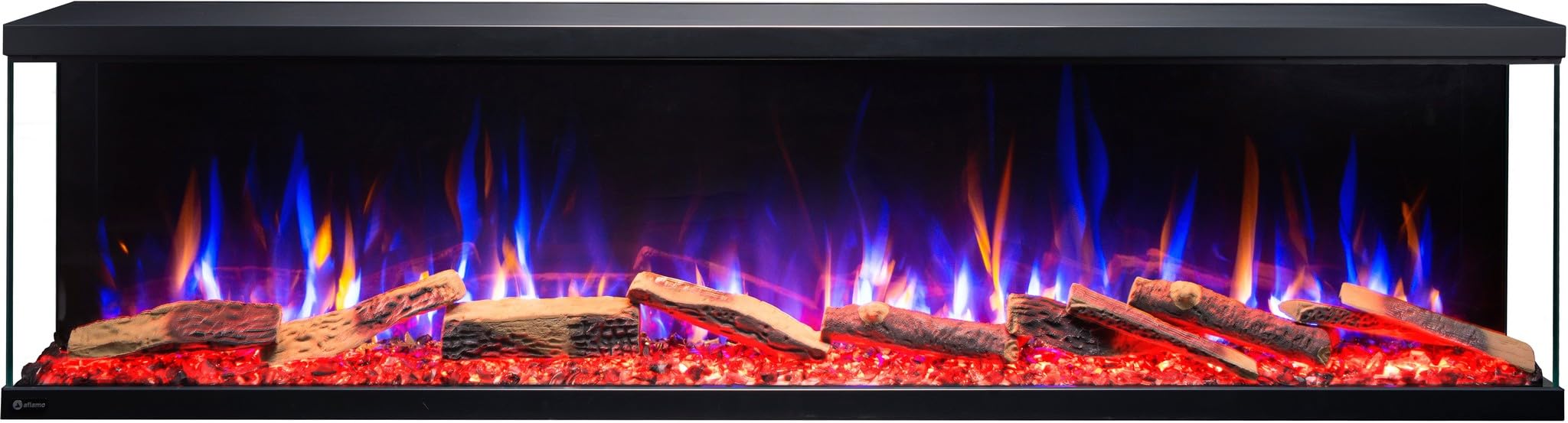 AFLAMO Unikalny trójstronny kominek elektryczny LED NH, bez funkcji ogrzewania. Dzienki ceramiczne. Efekt 3D. (140x46x23)