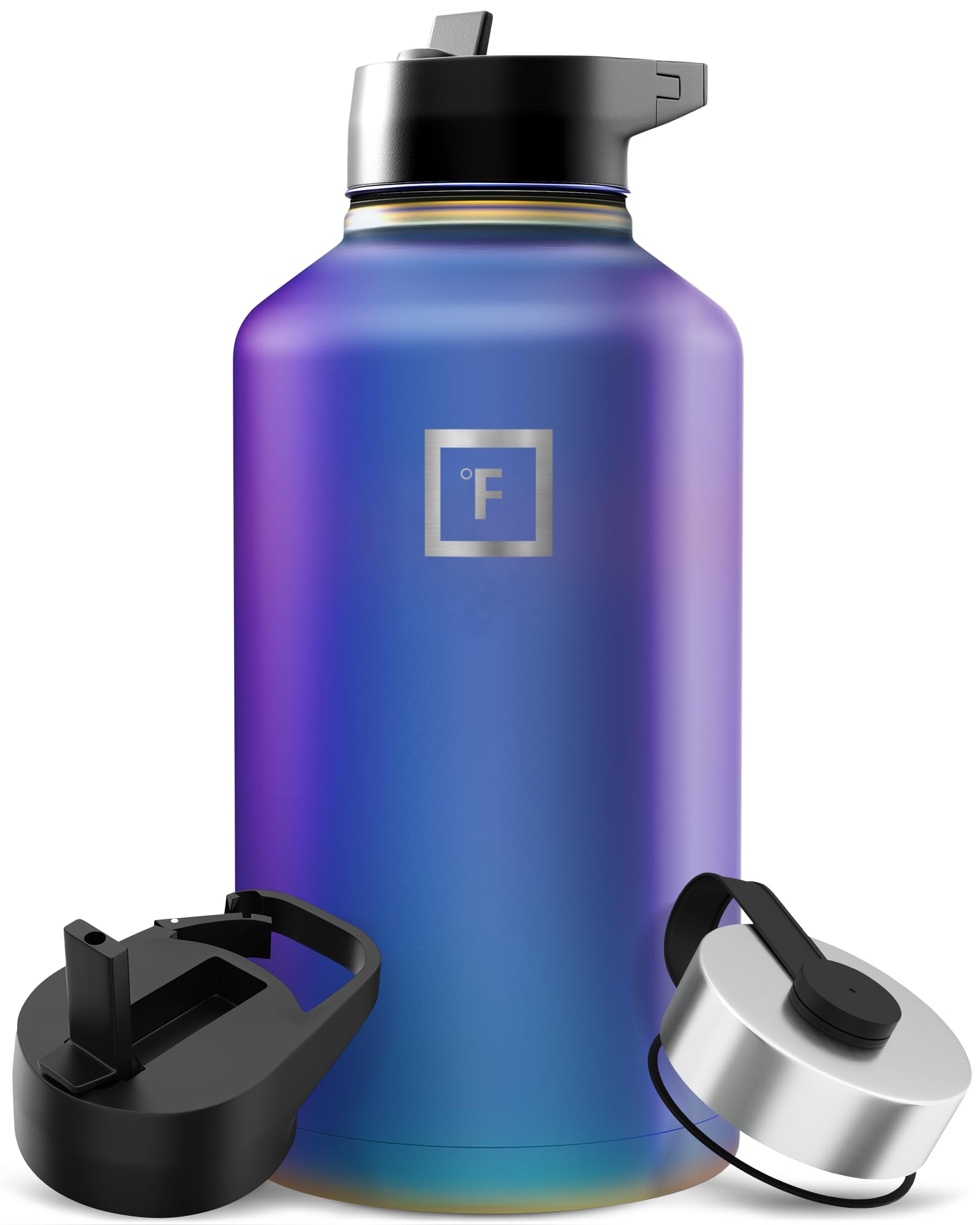 IRON °FLASK Camping & Hiking Hydration Flask with Straw, Wide Mouth Insulated Stainless Steel Sports Water Bottle - 64 oz Aurora