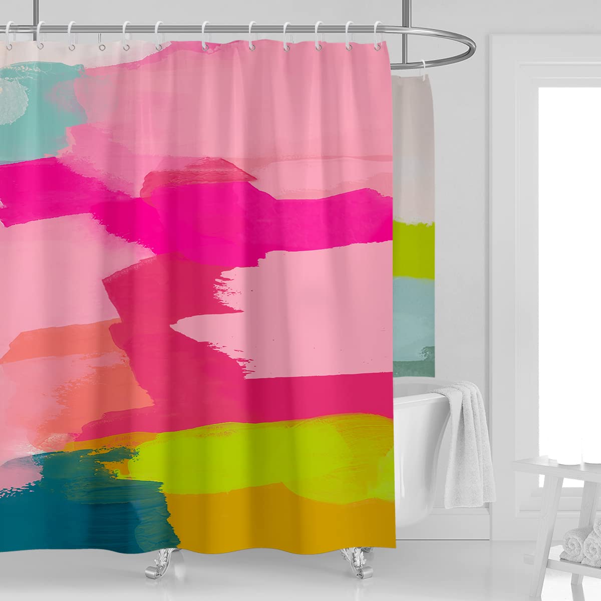Kikiry Extra Wide Shower Curtain 108''W x 72''L Clawfoot Tub Wrap Around Watercolor Abstract Colorful Ombre Hot Pink Teal Blue Aesthetic Minimalist