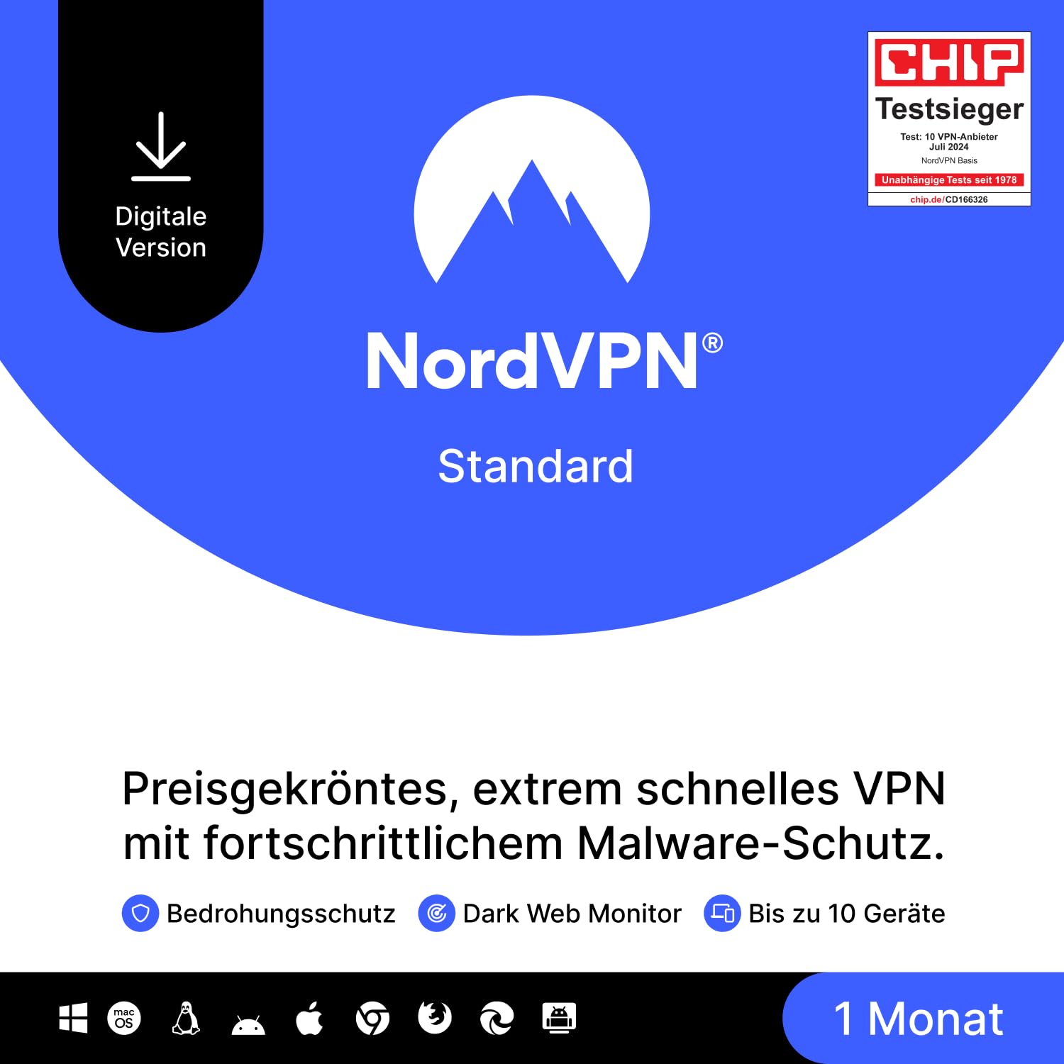 NordVPN Standard, 10 Geräte, 1 Monat, VPN & Cybersicherheit, Digitaler Code