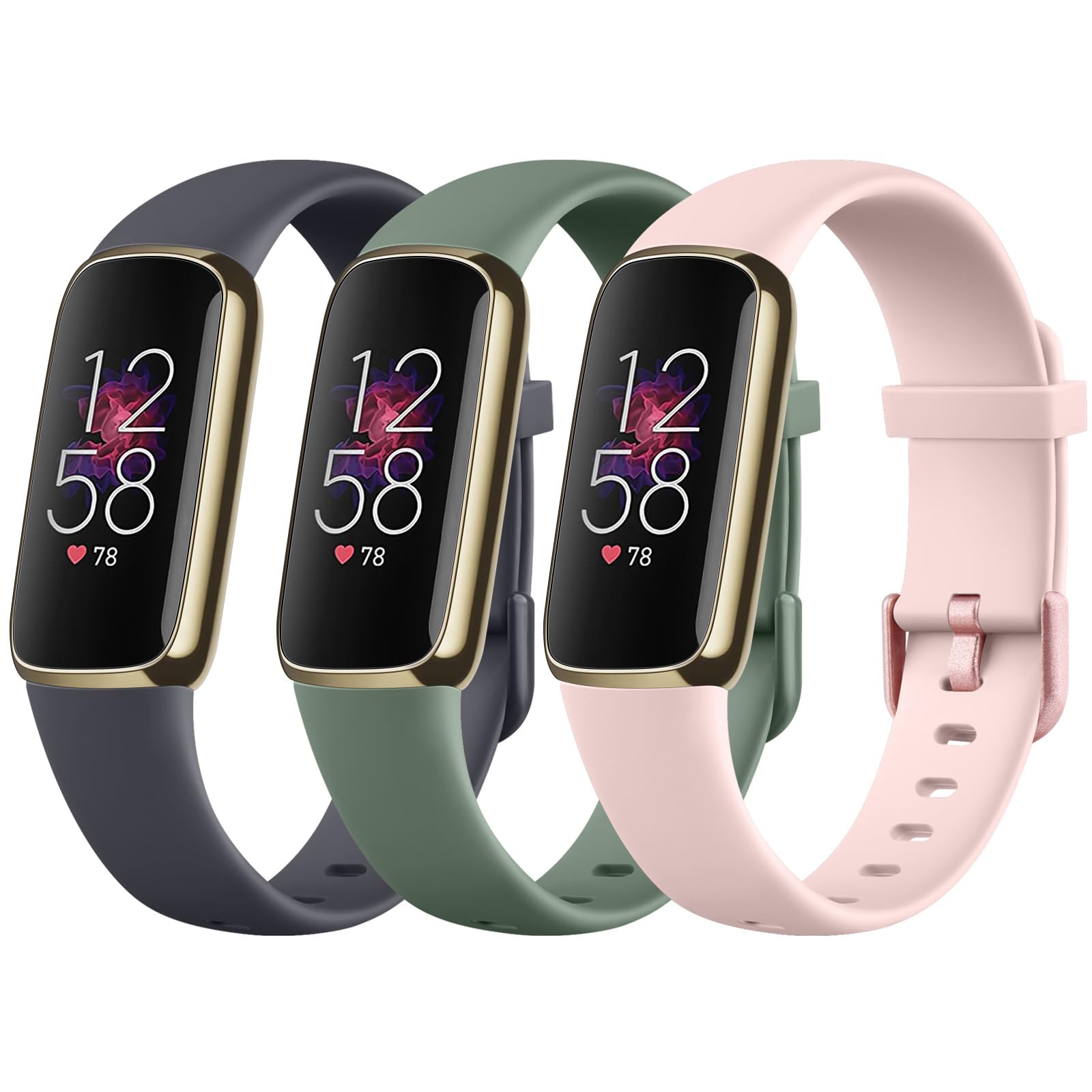 Oumida Pack 3 Straps Compatible with Fitbit Luxe Strap for Women Men,Soft Silicone Adjustable Sport Replacement Wrist Bands for Fitbit Luxe (Small, Avocado/Midnight Blue/Rose)