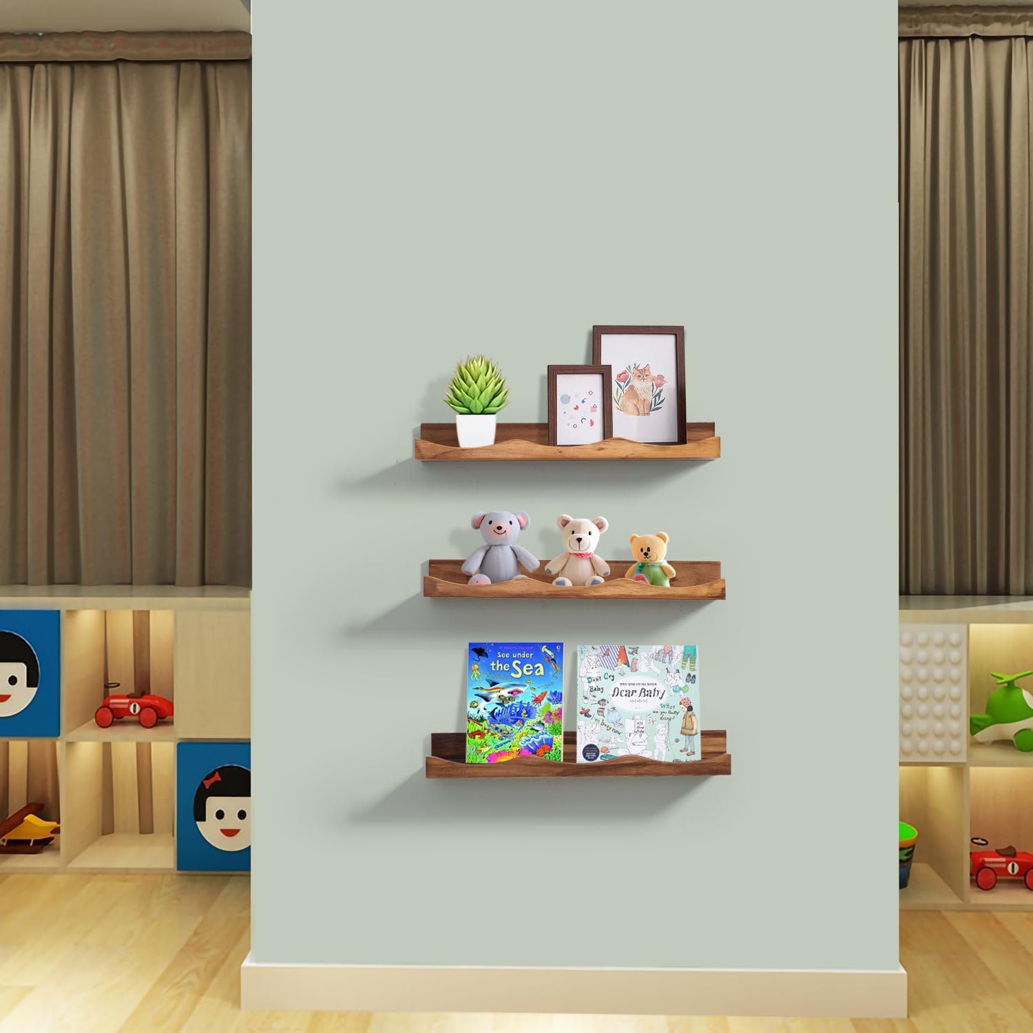 AZSKY Floating Bookshelf for Kids, Floating Shelves for Wall, Cloud Picture Ledge Shelf - Walnut, 15.7 Inches, Nursery Book Shelves Set of 3, Baby Book Shelf for Baby & Toddler Room Decor