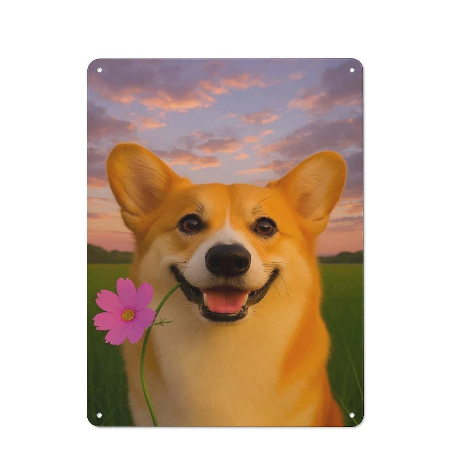 Classic Smiling Corgi with Flower Metal Sign 40x30cm, Classic Pub Decor for Diner, Restaurant, Shed Or Kitchen