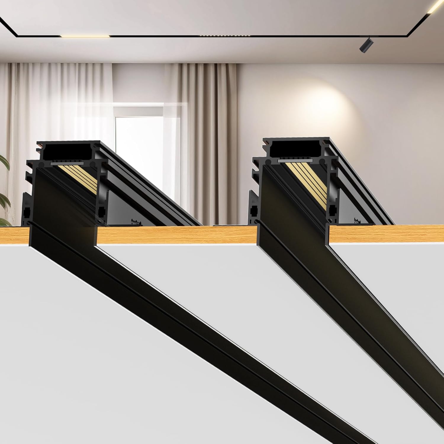 SCON 2 Pack Track Rails, Recessed Magnetic Track Lighting Kit, 4-Wire Aluminum Rail System for Flush Mount LED Heads, Compatible with Magnetic Lamp Heads for Kitchen, Living Room, Office, Shop (3.3FT) 39.4'' Length (2-Pack) 4 Wires Linear Track