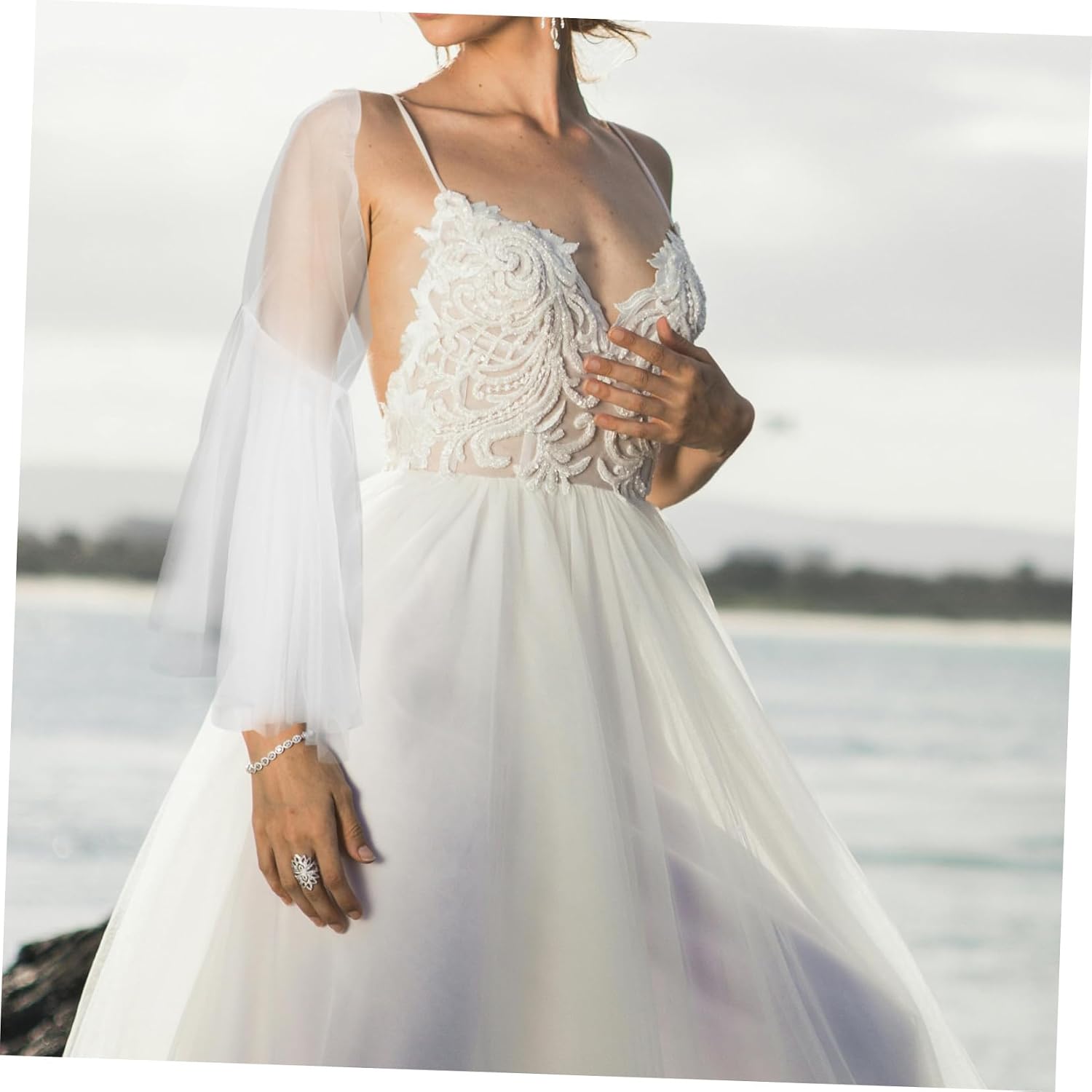 Ipetboom Wedding Bell Sleeves Detached Bridal Sleeve Tulle Sheer Full Sleeve Faux Wedding for Bride Party