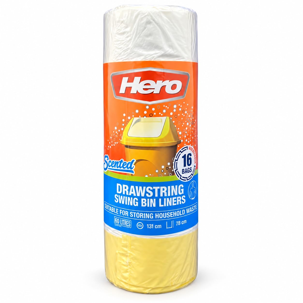 Hero Swing Scented Drawstring Bin Bags 60L – Roll of 16 Bags | Eco-Friendly Rubbish Bags | Strong, Tear-Resistant & Odour-Controlled | Fresh Fragrance Kitchen Bin Liners