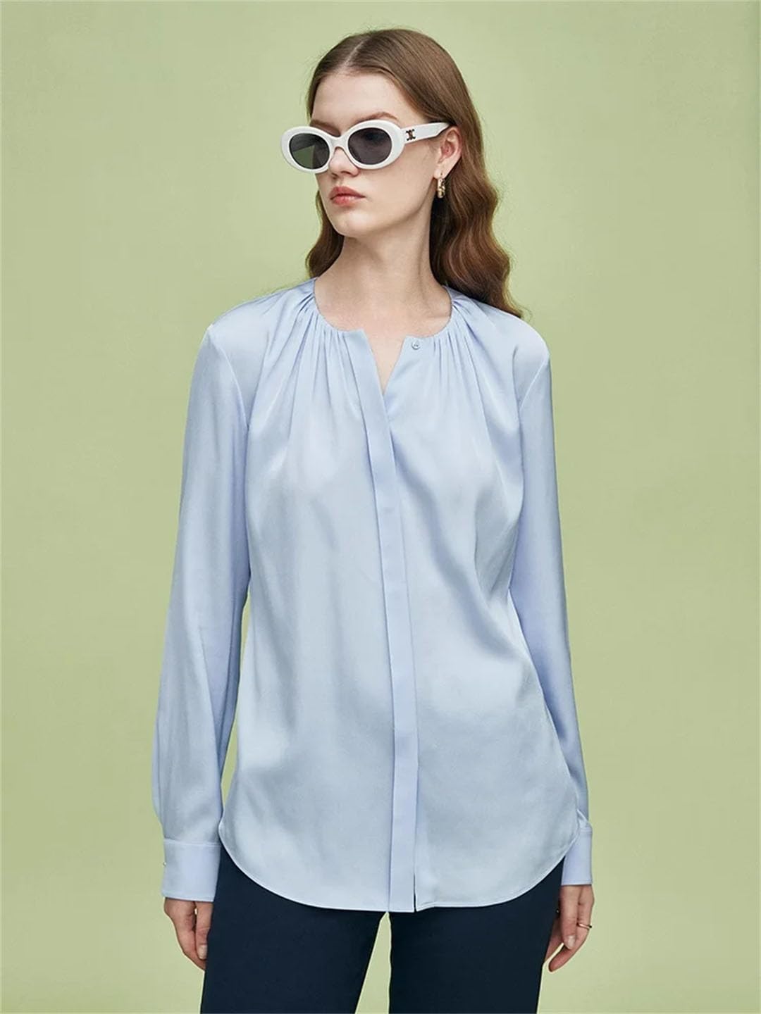 Camisas lisas para mujer, plisadas, cuello redondo, manga larga, camisa de gasa para oficina y trabajo