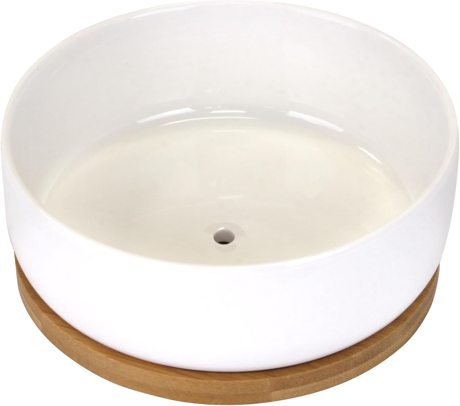 BambooMN Ceramic Succulent Planter Pots - 1 Pot - Round Bowl - with Bamboo Tray - White - 6.49"