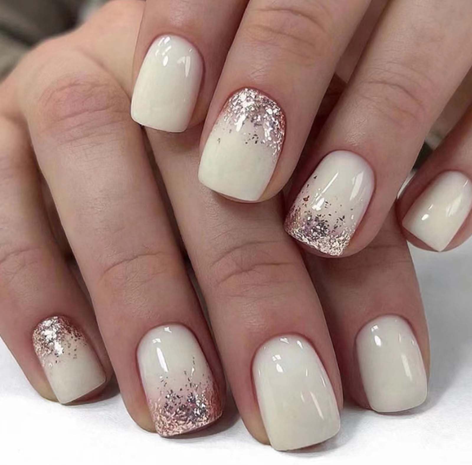 DANMANR Square French Fake Medium Nails Gradient False Nails Full Cover Acrylic Sequins Fake Nails for Women and Girls 24PCS