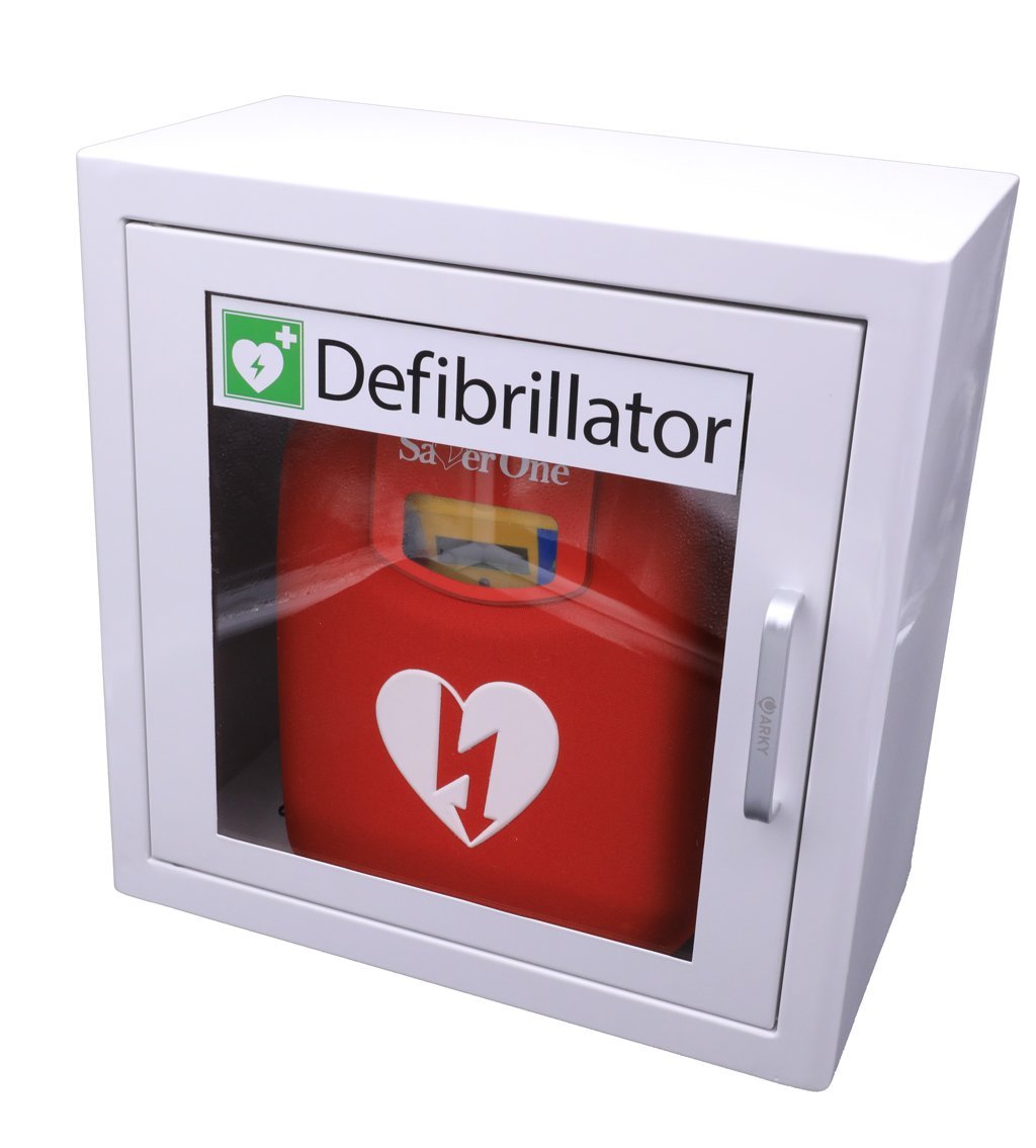 Saver One AED Defibrillator SA1 (SVO-B0001) (halbautomatische Schockauslösung) mit Metallwandkasten und AED-Standortwinkel