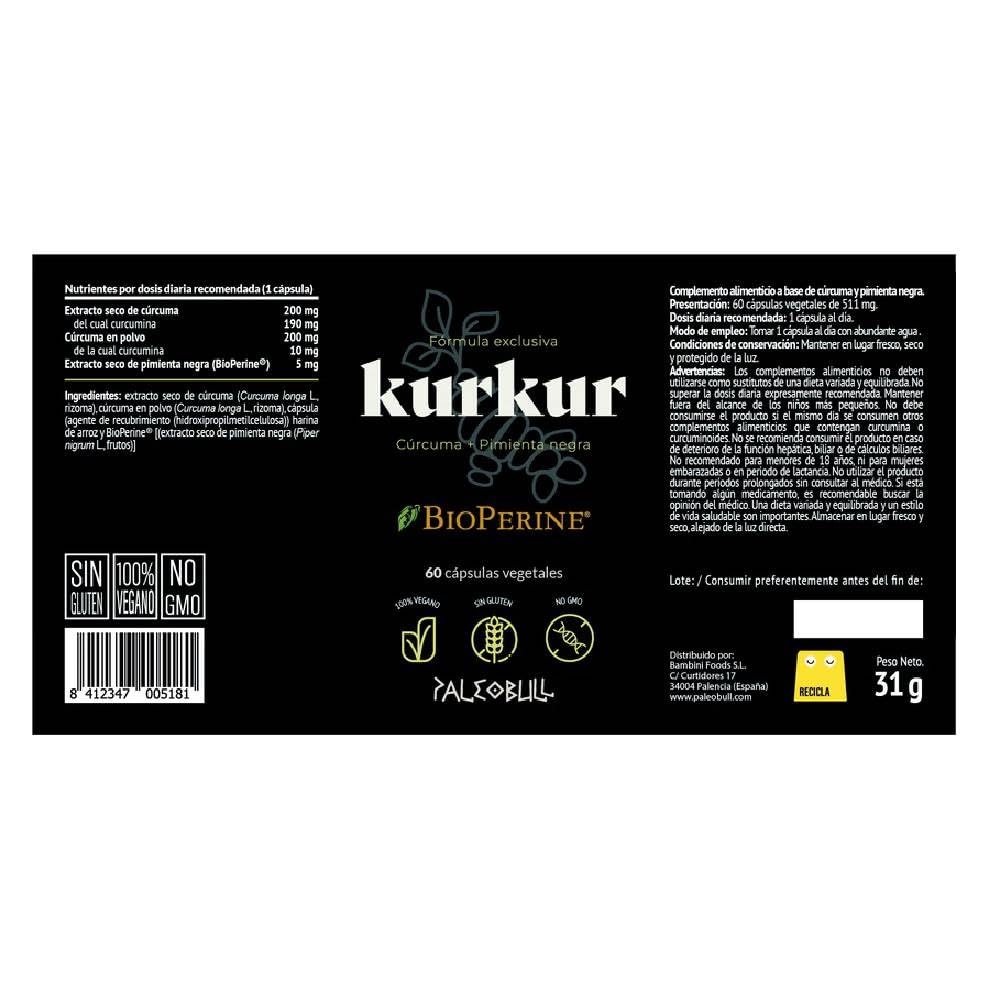 Kurkur con Cúrcuma y Bioperine® Paleobull 60 cápsulas vegetales, fórmula con extracto seco y cúrcuma en polvo, sin gluten, formato diario para 2 meses, apoyo botánico práctico.