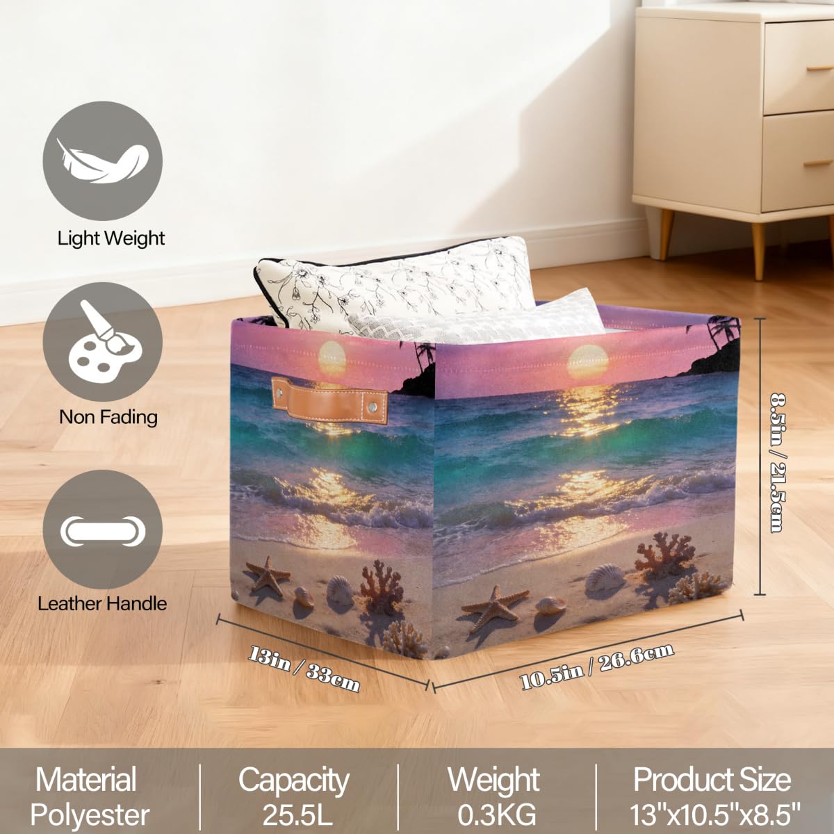 Sunset Summer Beach Rechteckiger Aufbewahrungskorb mit Ledergriffen, 2 Stück, faltbarer Stoff-Aufbewahrungskorb für Schrank, Badezimmer, Wohnzimmer, Büro, Spielzeug, Organizer, Wäschekorb