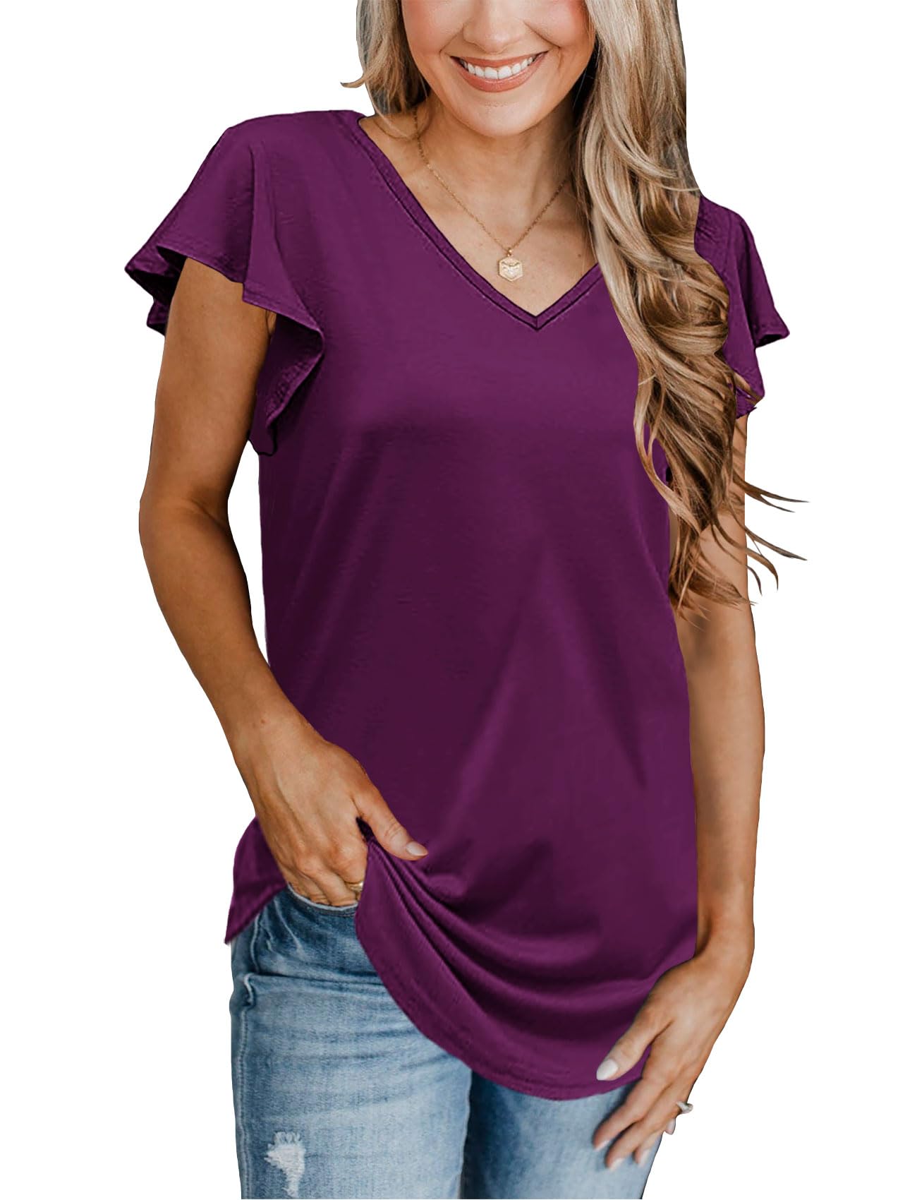 Topstype Flutter Sleeve Tops for Women V Neck Summer Ruffle Short Sleeve T Shirts Loose Fit XX-Large Purple