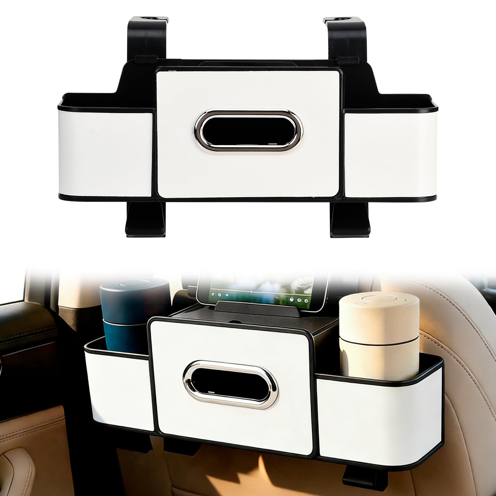 JSCARLIFE 3-in-1 Car Backseat Organizer with Cup Holder & Trash Bin,Multifunctional Seat Storage for Phones,Snacks & Handbags –Tissue Box & Hooks Included (White)