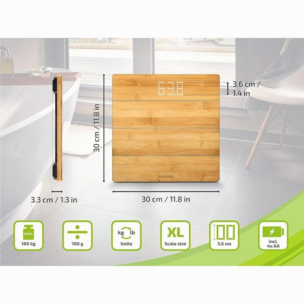 Soehnle Style Sense Bamboo Magic Bilancia pesapersone digitale, Bilancia digitale con display LED a scomparsa, Bilancia persone in bambù naturale | Display LED invisibile fino all'uso, pedana in vero bambù, cifre 3,6 cm, precisione 100 g, portata 180 kg