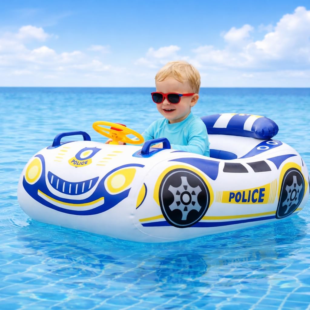 Baby Pool Float Police Car Design No-Flip Toddler Pool Float Inflatable Boat Floaties for Toddlers 1-3 Kids Pool Floats for Boys & Girls Ages 1-5